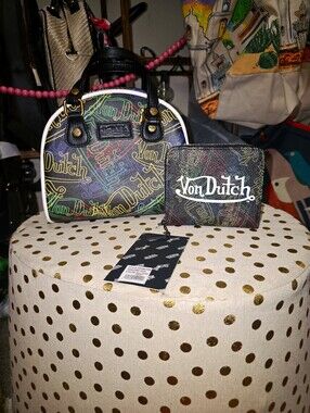 NWT Von Dutch Multicolor Logo Mini Dome Bag w/ Matching Multicolor Wallet